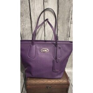 Auth COACH Luxury Crossgrain Leather City Zip Top Tote Purple Leather